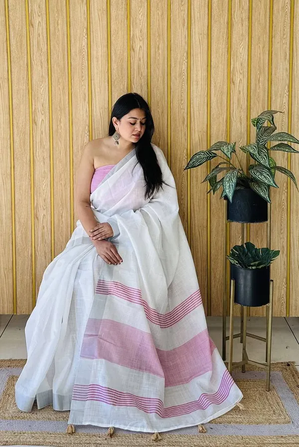White_Pink_Cotton_Striped_Saree_For_Women