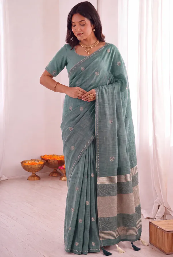 Sea_Green_Handloom_Fabric_Printed_Saree_For_Women