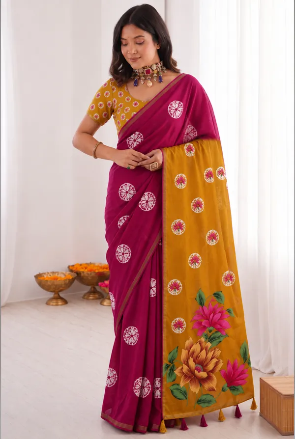 Magenta_Yellow_Cotton_Silk_Floral_Print_Saree_For_Women