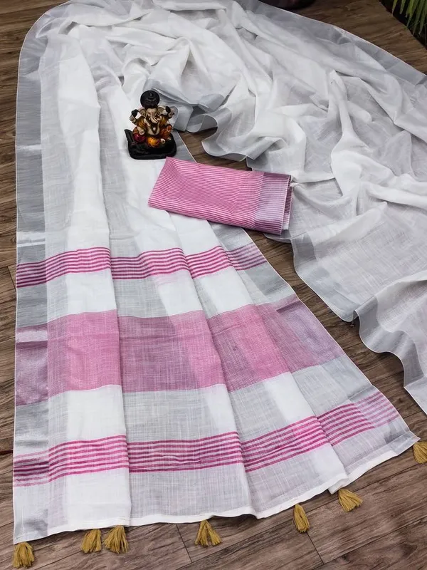 White_Pink_Cotton_Striped_Saree_For_Women