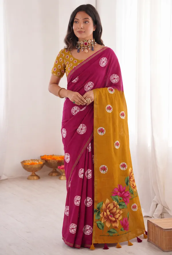Magenta_Yellow_Cotton_Silk_Floral_Print_Saree_For_Women