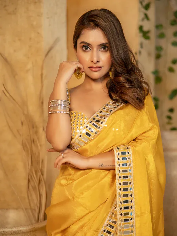 Mustard_Yellow_Space_Silk_Embellished_Saree_For_Women