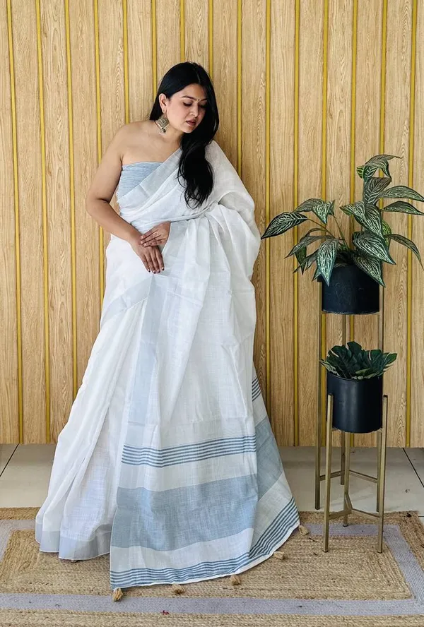 White_Blue_Cotton_Saree_For_Women