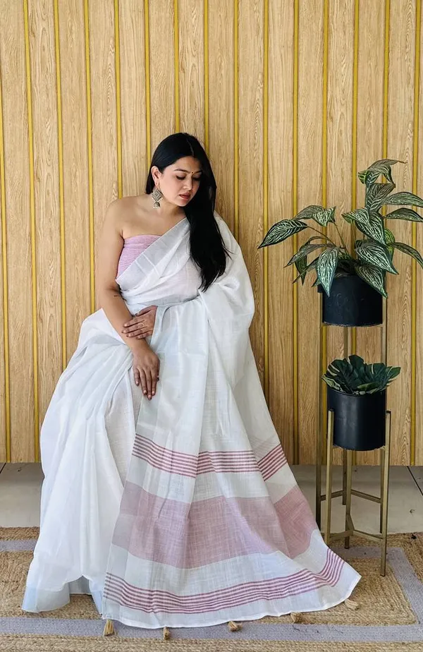 White_Pink_Cotton_Striped_Saree_For_Women