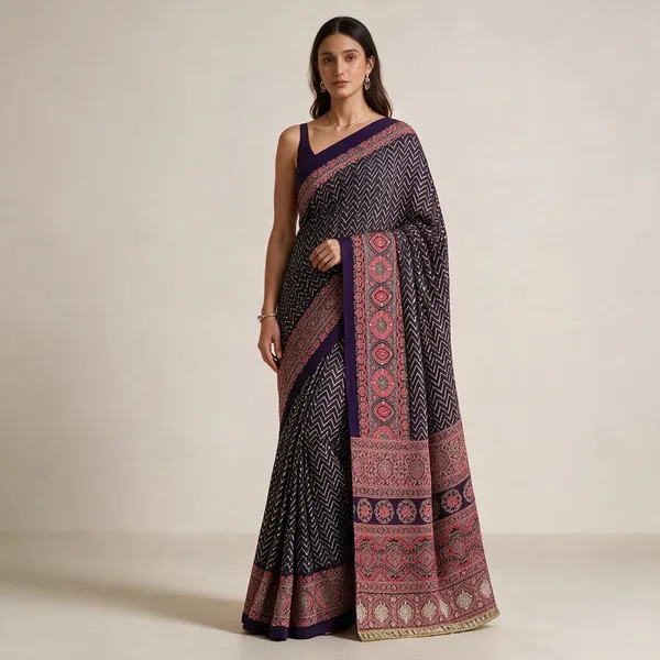 Navy_Blue_Pure_Arjakh_Sartin_Viscous_Silk_Saree_For_Women