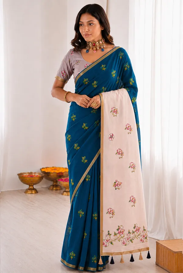 Peacock_Blue_Mul_Cotton_Silk_Floral_Print_Saree_For_Women
