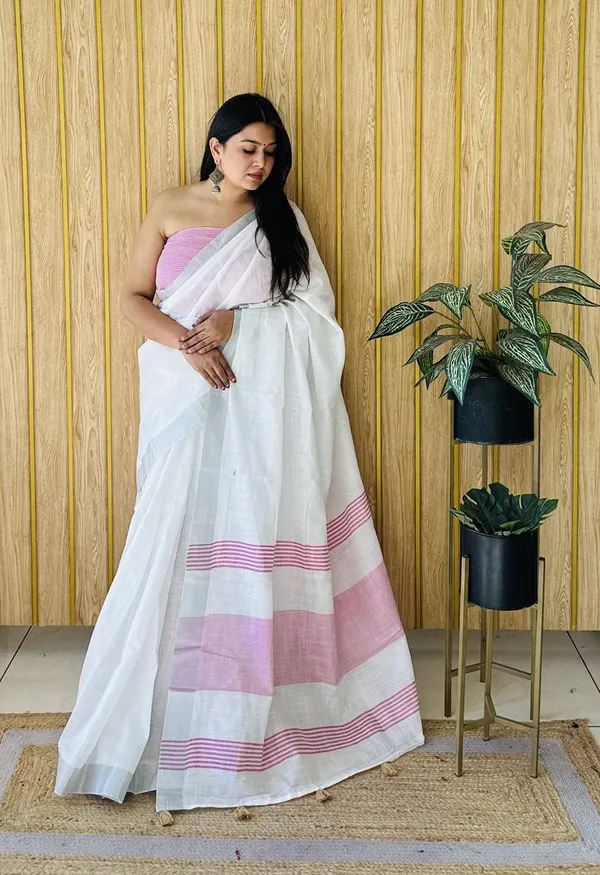 White_Pink_Cotton_Striped_Saree_For_Women