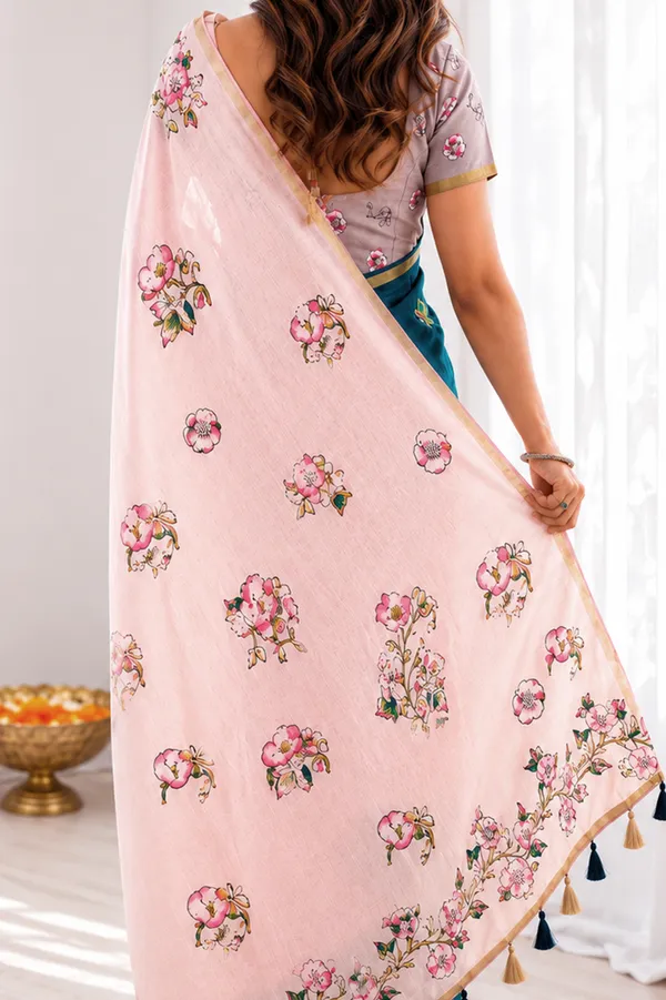 Peacock_Blue_Mul_Cotton_Silk_Floral_Print_Saree_For_Women