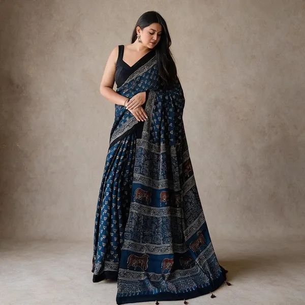 Navy_Blue_Muslin_Printed_Saree_For_Women