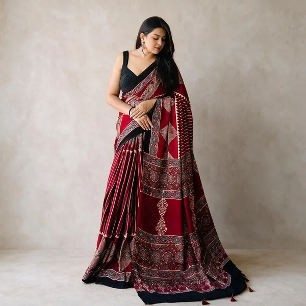 Red_Muslin_Printed_Saree_For_Women