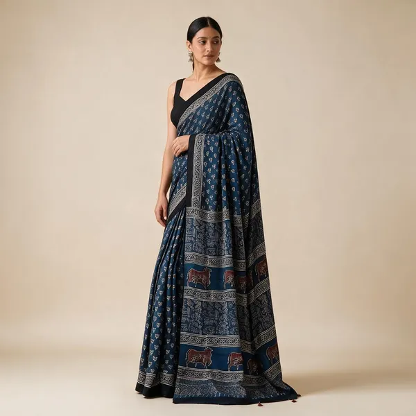 Navy_Blue_Muslin_Printed_Saree_For_Women