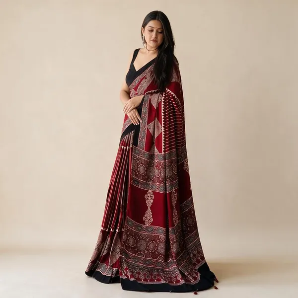 Red_Muslin_Printed_Saree_For_Women