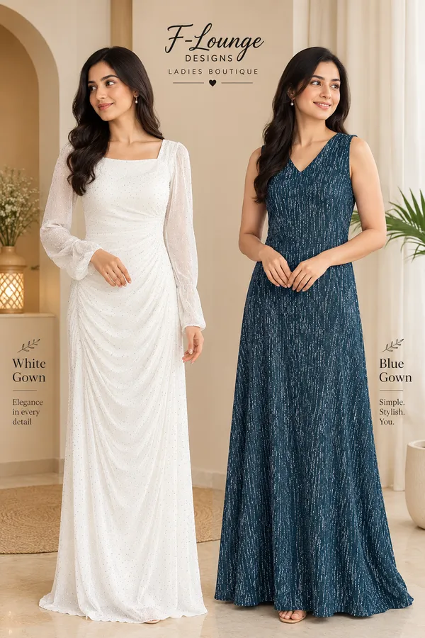 White_And_Blue_Textured_Gown_For_Women
