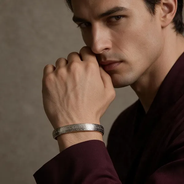 Silver_Tone_Greek_Key_Bangle_Bracelet_For_Men