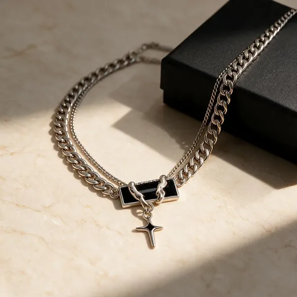 Silver_Tone_Layered_Cross_Pendant_Necklace_For_Men