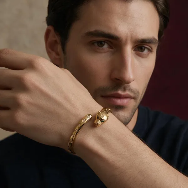 Gold_Metal_Animal_Motif_Open_Cuff_Bracelet_For_Men