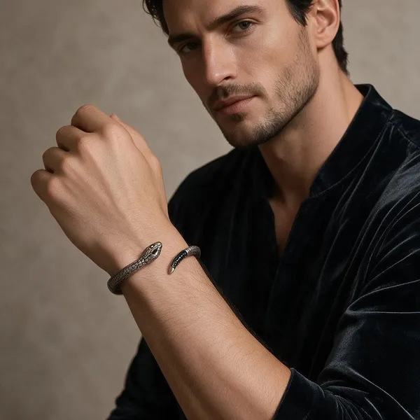 Silver_Tone_Snake_Design_Cuff_Bracelet_For_Men