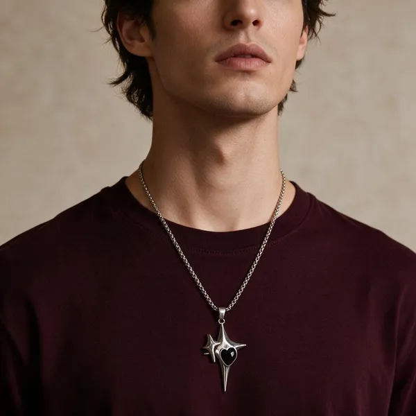 Silver_Tone_Black_Stone_Pendant_Necklace_For_Men