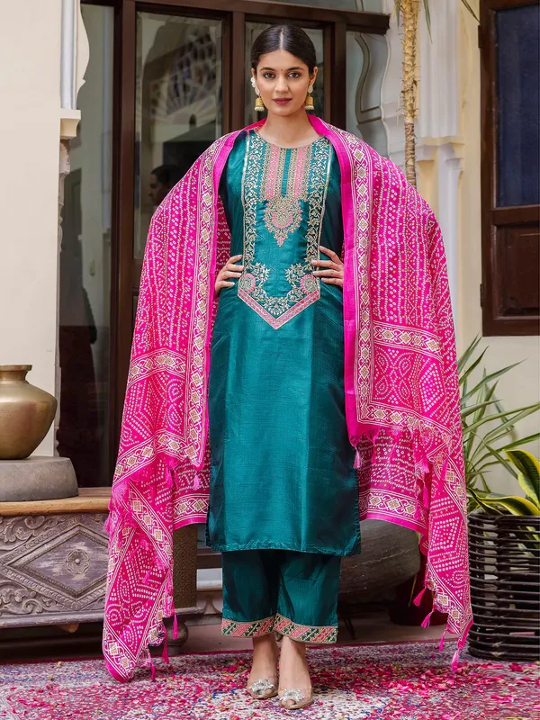 Teal_Green_Silk_Blend_Readymade_Suit_With_Bandhani_Dupatta