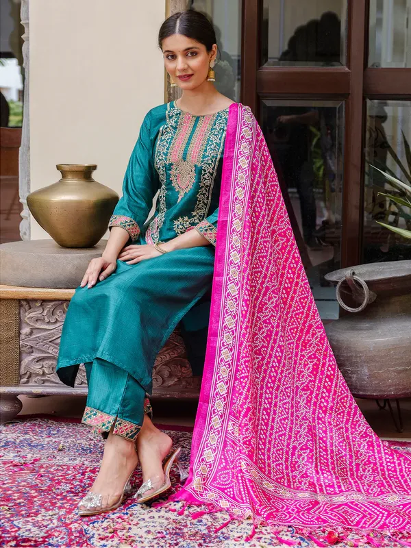 Teal_Green_Silk_Blend_Readymade_Suit_With_Bandhani_Dupatta