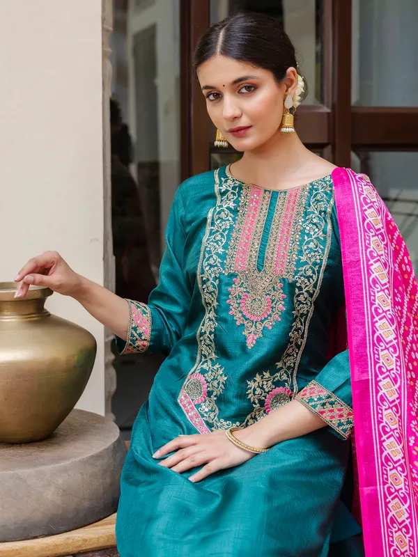 Teal_Green_Silk_Blend_Readymade_Suit_With_Bandhani_Dupatta