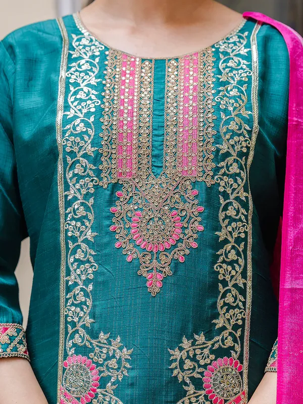 Teal_Green_Silk_Blend_Readymade_Suit_With_Bandhani_Dupatta