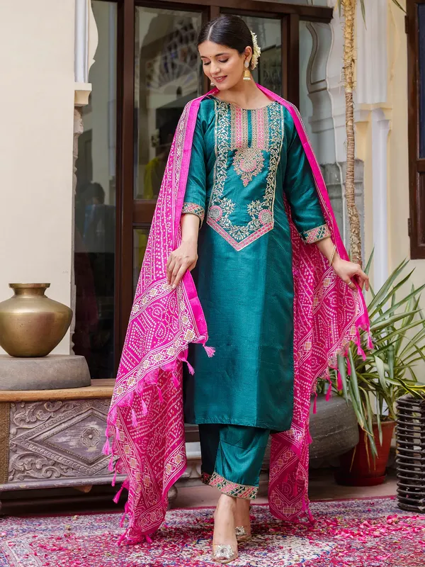Teal_Green_Silk_Blend_Readymade_Suit_With_Bandhani_Dupatta