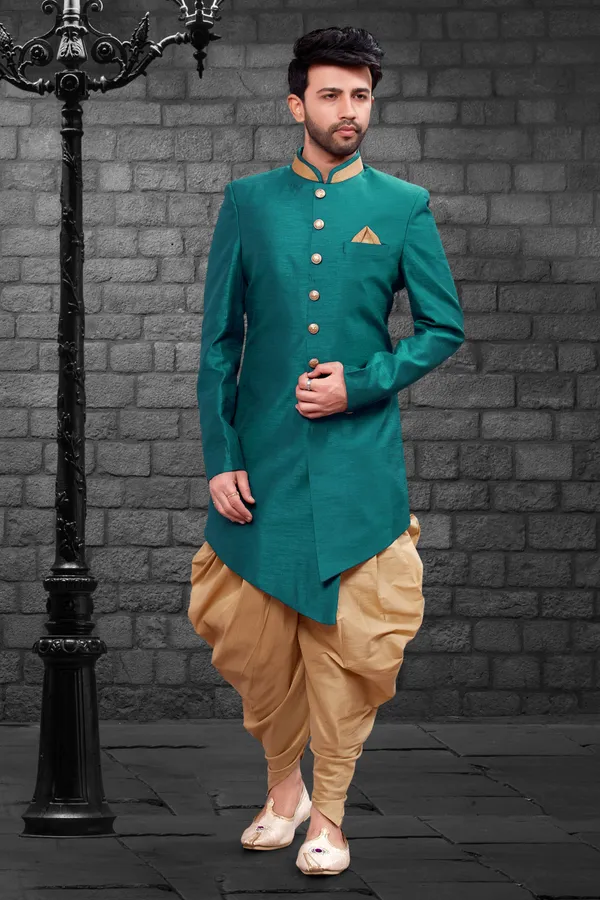 Rama_Green_Chiku_Heavy_Readymade_Men_S_Indo_Western_Set_With_Dhoti_Style