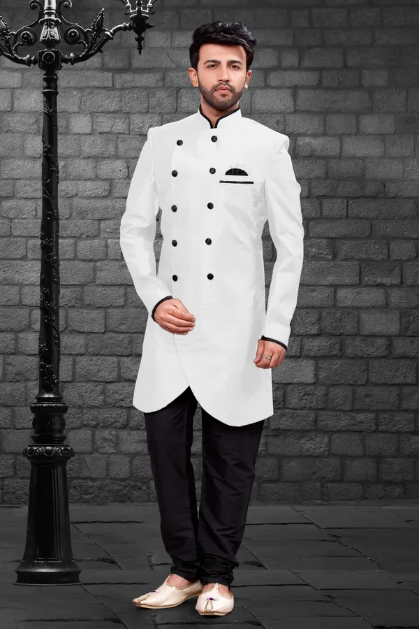 White_Black_Heavy_Readymade_Men_S_Indo_Western_Set_With_Pant_Style