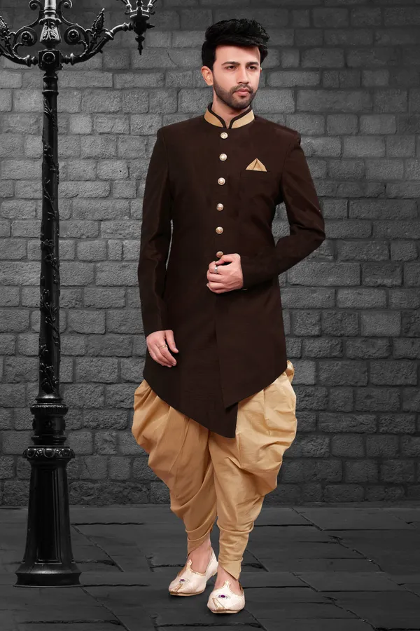 Brown_Chiku_Heavy_Readymade_Men_S_Indo_Western_Outfit_With_Dhoti_Style
