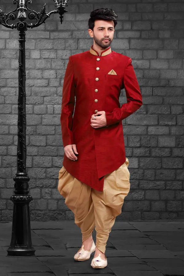 Red_Chiku_Heavy_Readymade_Men_S_Indo_Western_Ensemble_With_Traditional_Dhoti_Style
