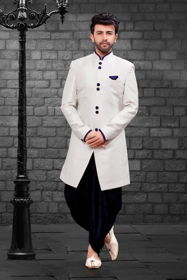 White_Navy_Blue_Heavy_Readymade_Men_S_Indo_Western_Set_With_Velvet_Dhoti_Style