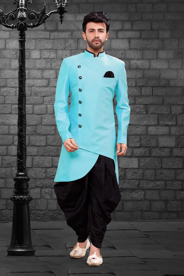 Sky_Blue_Black_Heavy_Readymade_Men_S_Indo_Western_Set_With_Elegant_Dhoti_Style