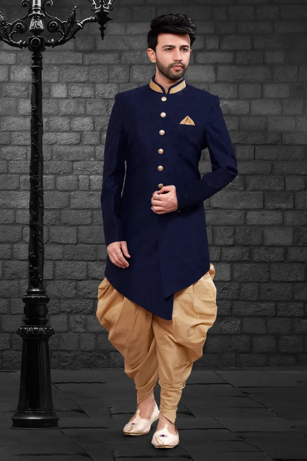 Navy_Blue_Chiku_Heavy_Readymade_Men_S_Indo_Western_Set_With_Traditional_Dhoti_Style