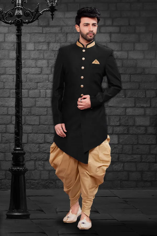Black_Chiku_Heavy_Readymade_Men_S_Indo_Western_Set_With_Royal_Dhoti_Style
