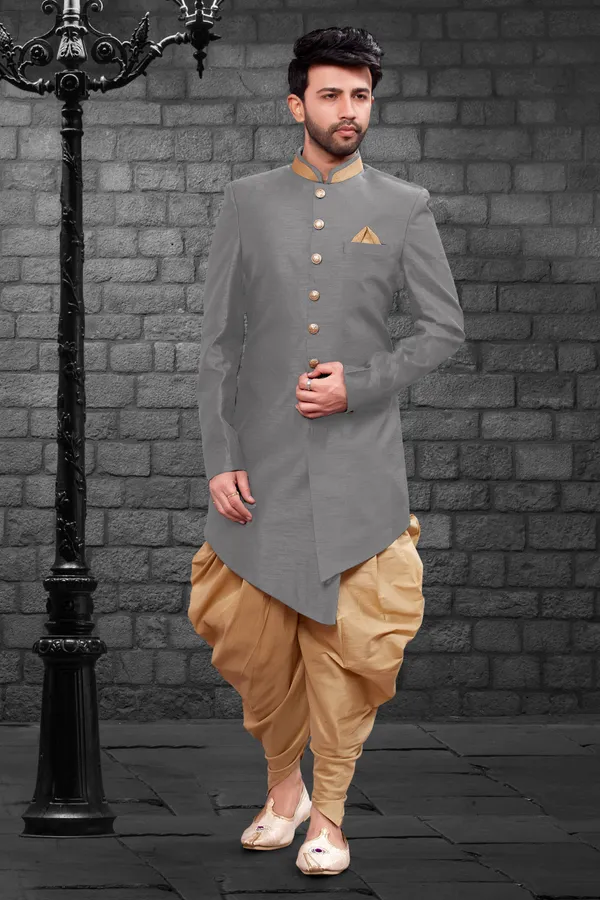 Grey_Chiku_Heavy_Readymade_Men_S_Indo_Western_Set_With_Classic_Dhoti_Style