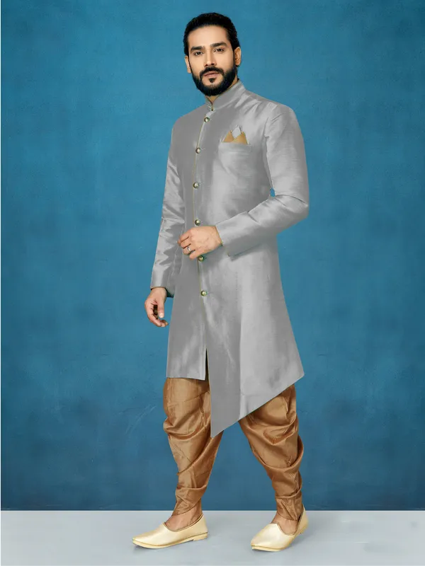 Gray_Readymade_Heavy_Men_S_Indo_Western_Function_Wear_Set_With_Dhoti