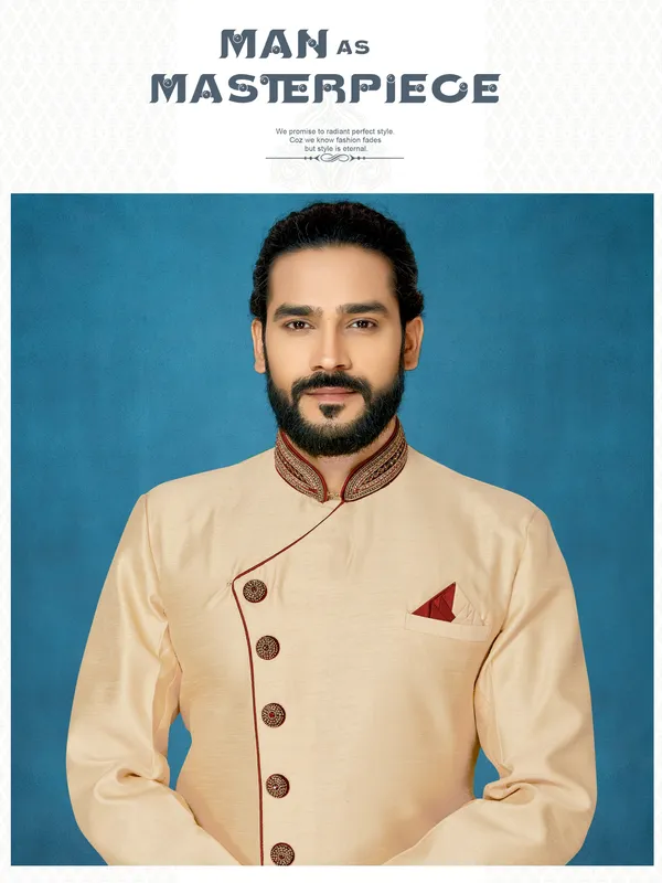 Cream_Readymade_Heavy_Men_S_Indo_Western_Function_Wear_Set_With_Dhoti
