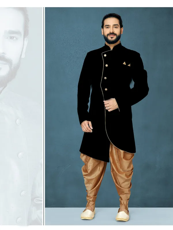 Black_Readymade_Heavy_Men_S_Indo_Western_Function_Wear_Set_With_Dhoti