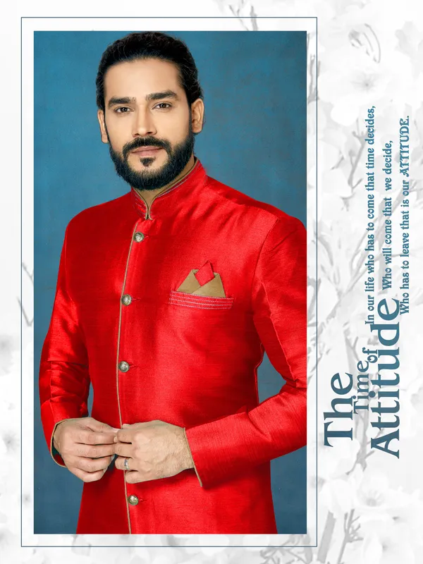 Red_Readymade_Heavy_Men_S_Indo_Western_Function_Wear_Set_With_Dhoti
