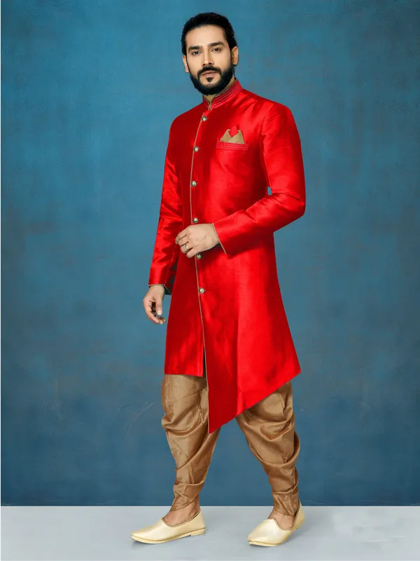 Red_Readymade_Heavy_Men_S_Indo_Western_Function_Wear_Set_With_Dhoti