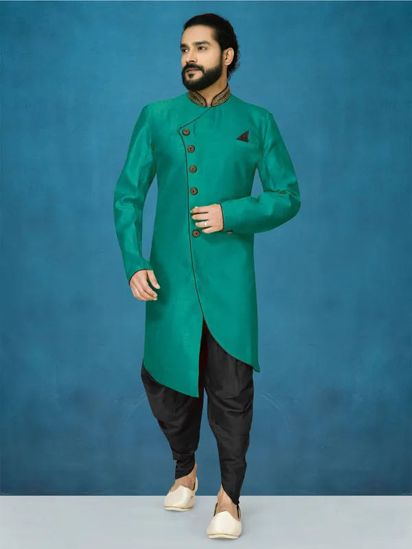 Rama_Green_Readymade_Heavy_Men_S_Indo_Western_Function_Wear_Set_With_Dhoti