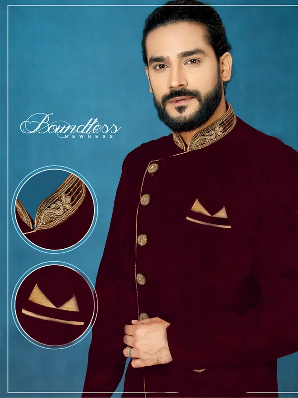 Maroon_Readymade_Heavy_Men_S_Indo_Western_Function_Wear_Set_With_Dhoti