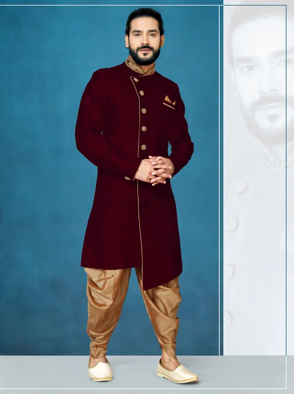 Maroon_Readymade_Heavy_Men_S_Indo_Western_Function_Wear_Set_With_Dhoti