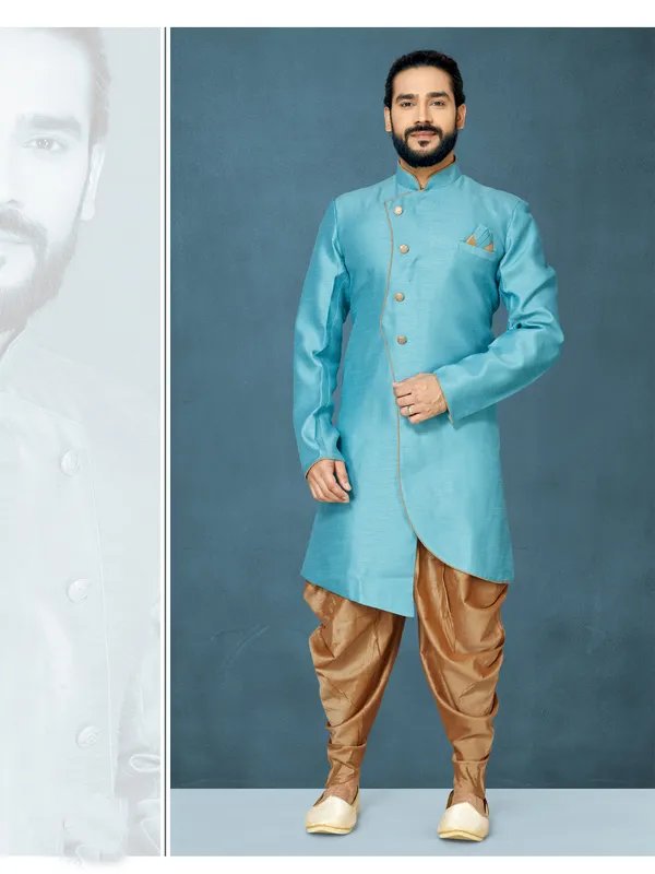 Sky_Blue_Readymade_Heavy_Men_S_Indo_Western_Function_Wear_Set_With_Dhoti