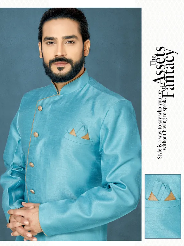 Sky_Blue_Readymade_Heavy_Men_S_Indo_Western_Function_Wear_Set_With_Dhoti