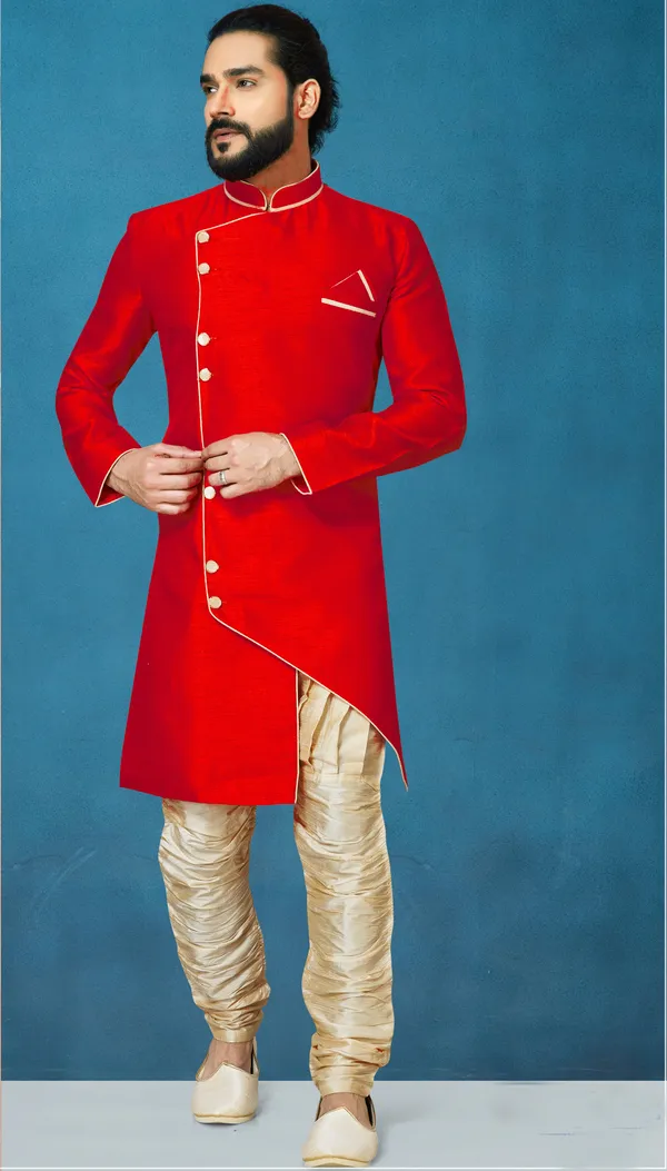 Red_Readymade_Heavy_Men_S_Indo_Western_Function_Wear_Set_With_Breaches_Pant