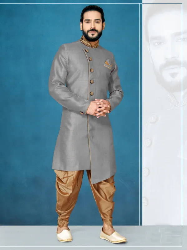 Gray_Readymade_Heavy_Men_S_Indo_Western_Function_Wear_Set_With_Dhoti