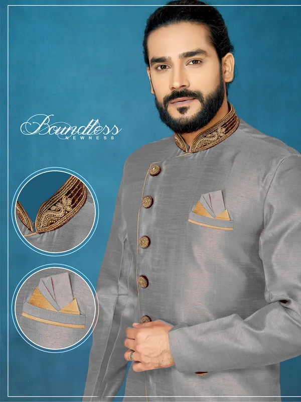Gray_Readymade_Heavy_Men_S_Indo_Western_Function_Wear_Set_With_Dhoti