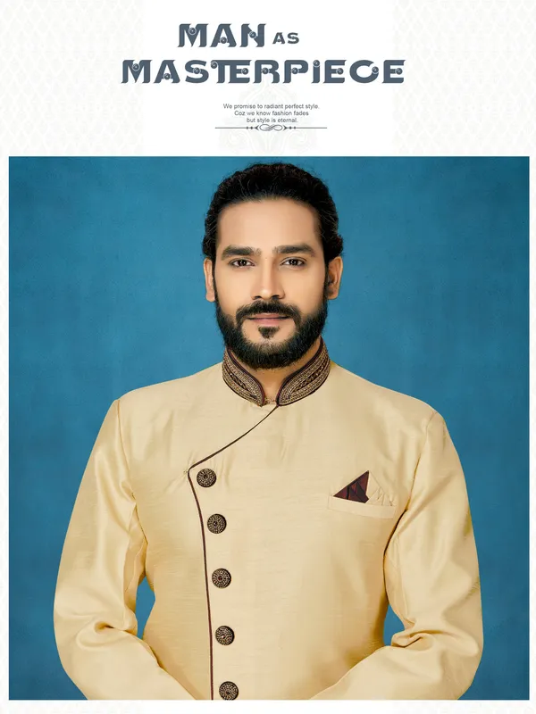 Cream_Readymade_Heavy_Men_S_Indo_Western_Function_Wear_Set_With_Dhoti